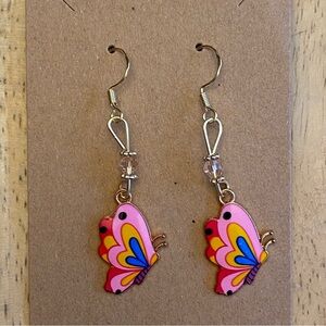 Hand Crafted Pink Butterfly Beaded Dangle Earrings